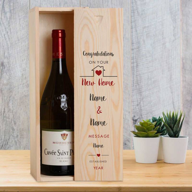 New Home Personalised Wooden Single Wine Box (Includes Wine)