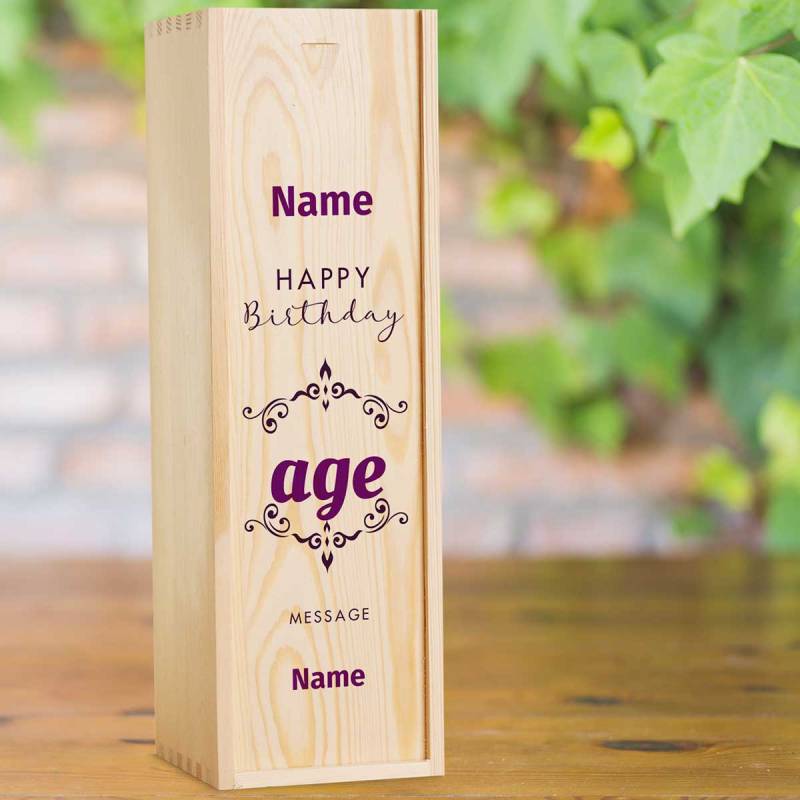 Happy Birthday Age Purple Design Personalised Wooden Single Wine Box (Includes Wine)