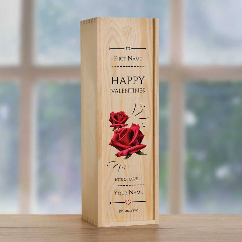 Roses Happy Valentines Personalised Wooden Single Wine Box (Includes Wine)