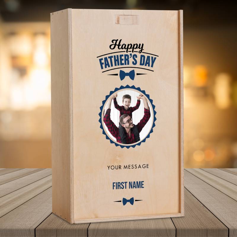 Father's Day Photo Personalised Wooden Double Wine Box (INCLUDES WINE)