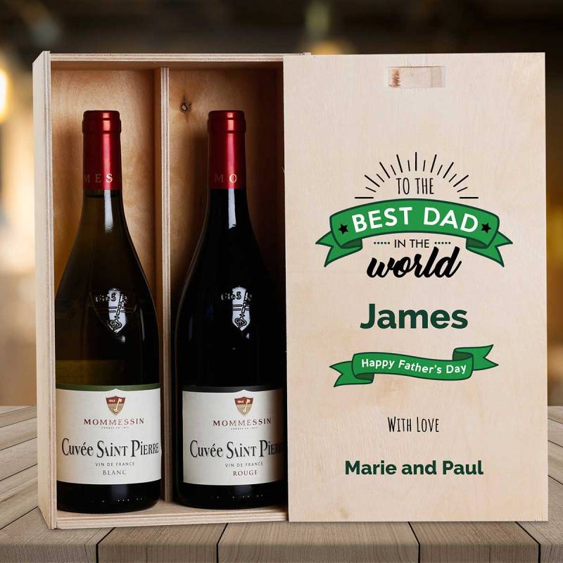 To The Best Dad In The World Personalised Wooden Double Wine Box (Includes Wine)