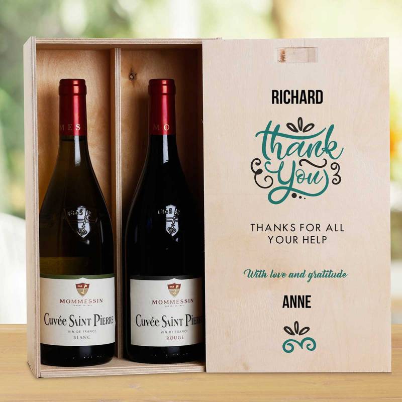 Thank You Green Personalised Wooden Double Wine Box (Includes Wine)