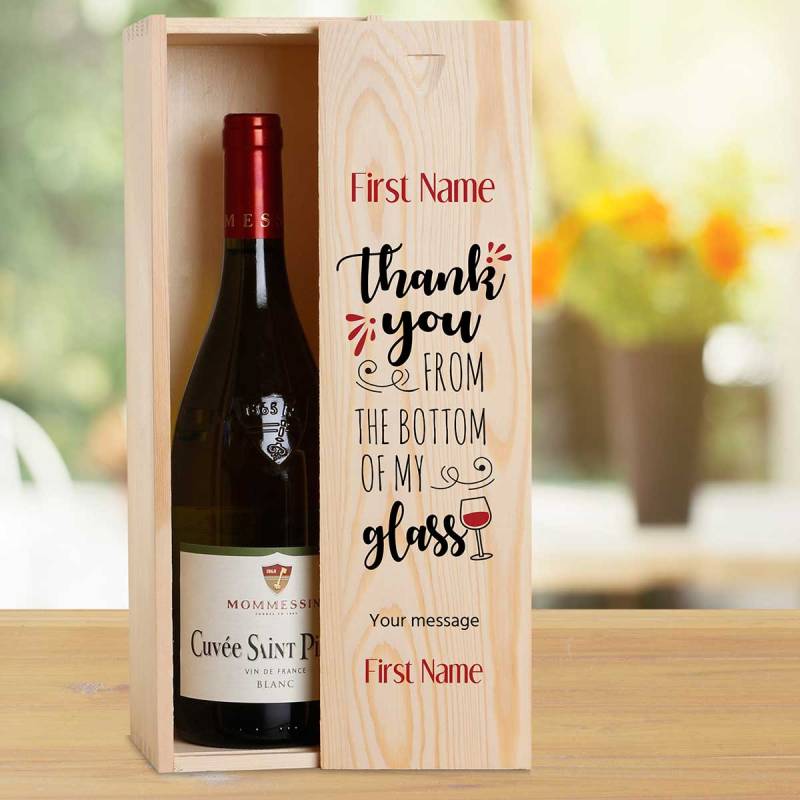 Thank You From The Bottom Of My Glass Personalised Wooden Single Wine Box (Includes Wine)