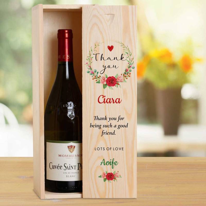 Many Thanks Flowers Personalised Wooden Single Wine Box (Includes Wine)