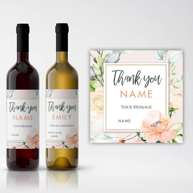 Thank You Watercolor Floral Personalised Wine