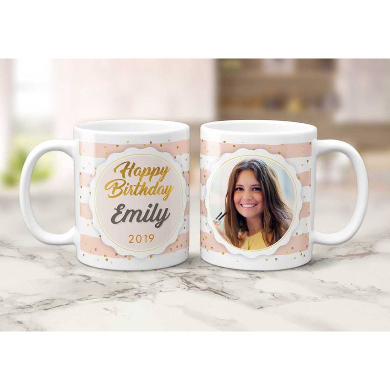 Happy Birthday Any Photo Pink Stripes Personalised Mug