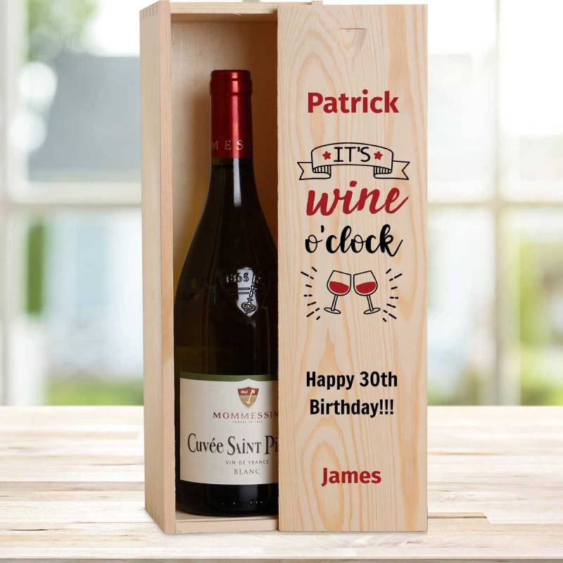 It's Wine O'Clock Personalised Wooden Single Wine Box (Includes Wine)