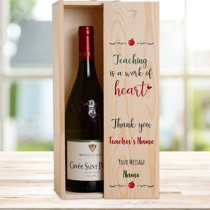 Teaching Is A Work Of Heart Personalised Wooden Single Wine Box (Includes Wine)