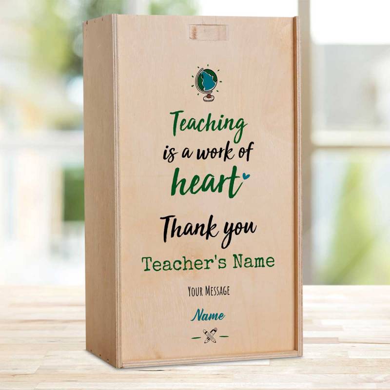 Teaching Is A Work Of Heart Green Personalised Wooden Double Wine Box (Includes Wine)