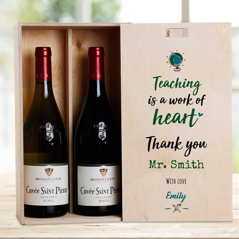 Teaching Is A Work Of Heart Green Personalised Wooden Double Wine Box (Includes Wine)