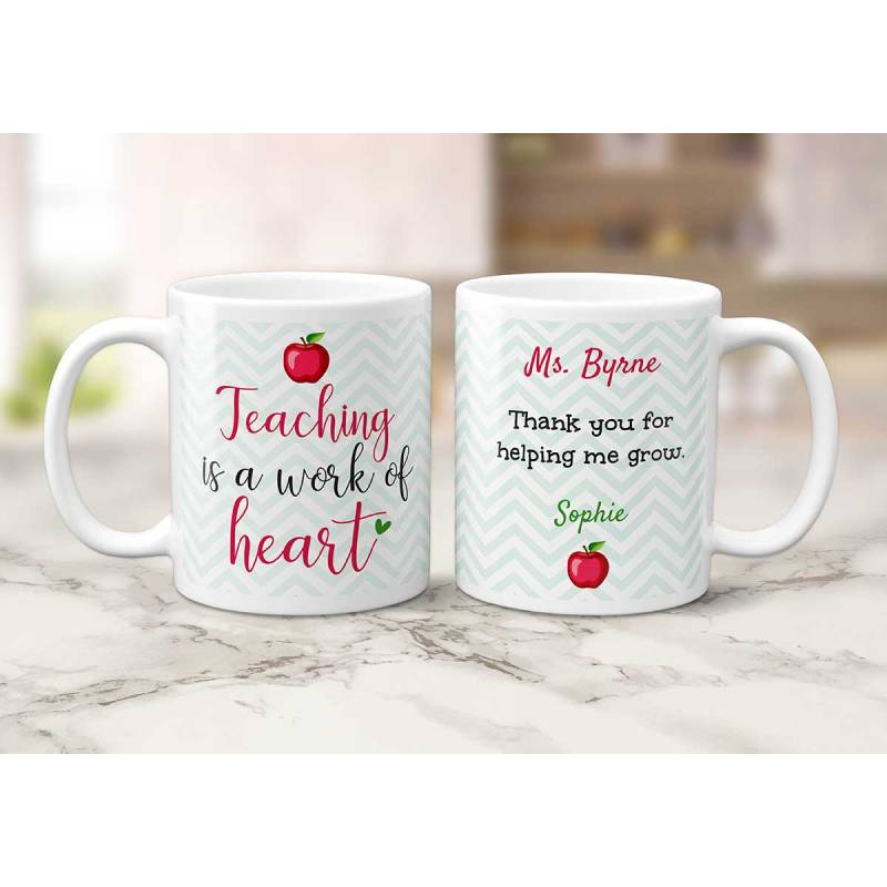 Teaching Is A Work Of Heart Pink Personalised Mug