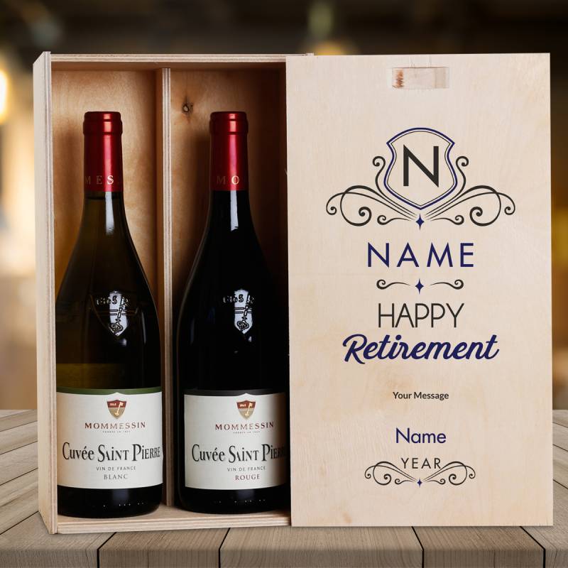 Happy Retirement Blue Personalised Wooden Double Wine Box (Includes Wine)