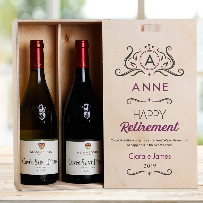 Happy Retirement Purple Personalised Wooden Double Wine Box (Includes Wine)