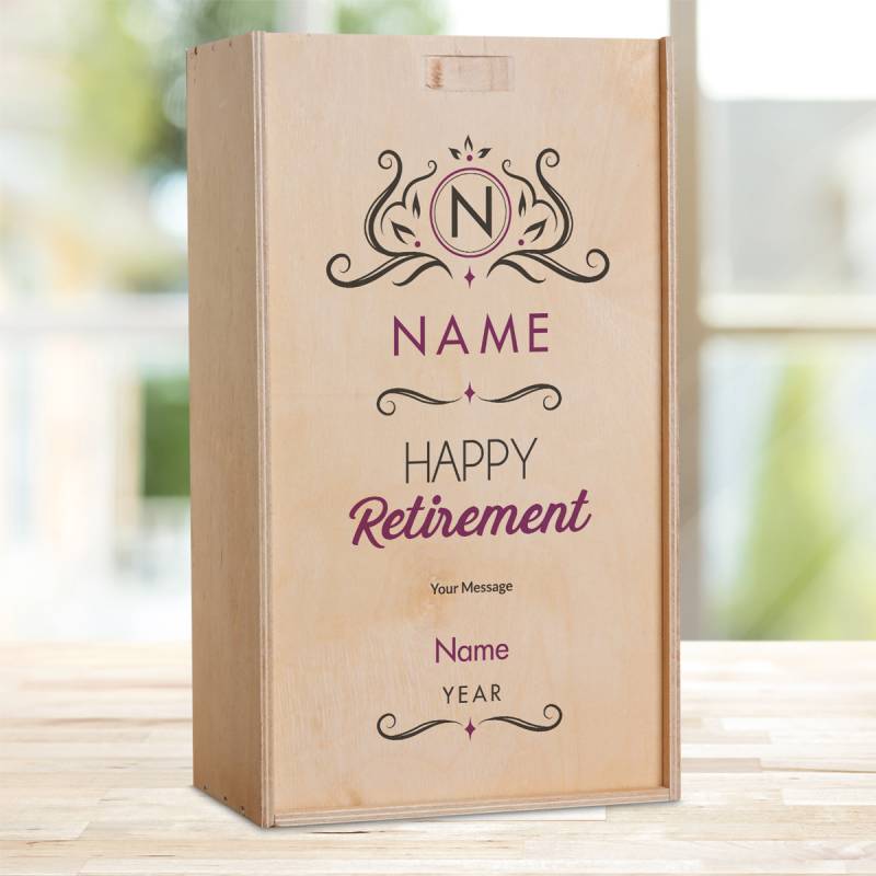 Happy Retirement Purple Personalised Wooden Double Wine Box (Includes Wine)