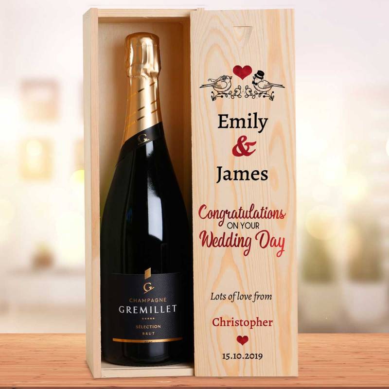 Congratulations On Your Wedding Day Birds Personalised Single Wooden Champagne Box