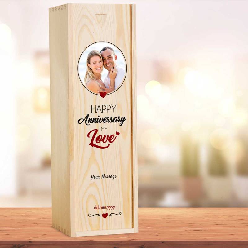 Any Photo Happy Anniversary My Love Personalised Wooden Single Wine Box