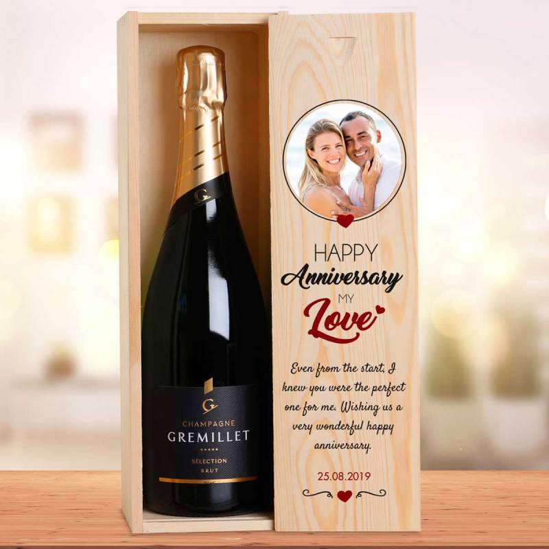 Any Photo Happy Anniversary My Love Personalised Single Wooden Champagne Box