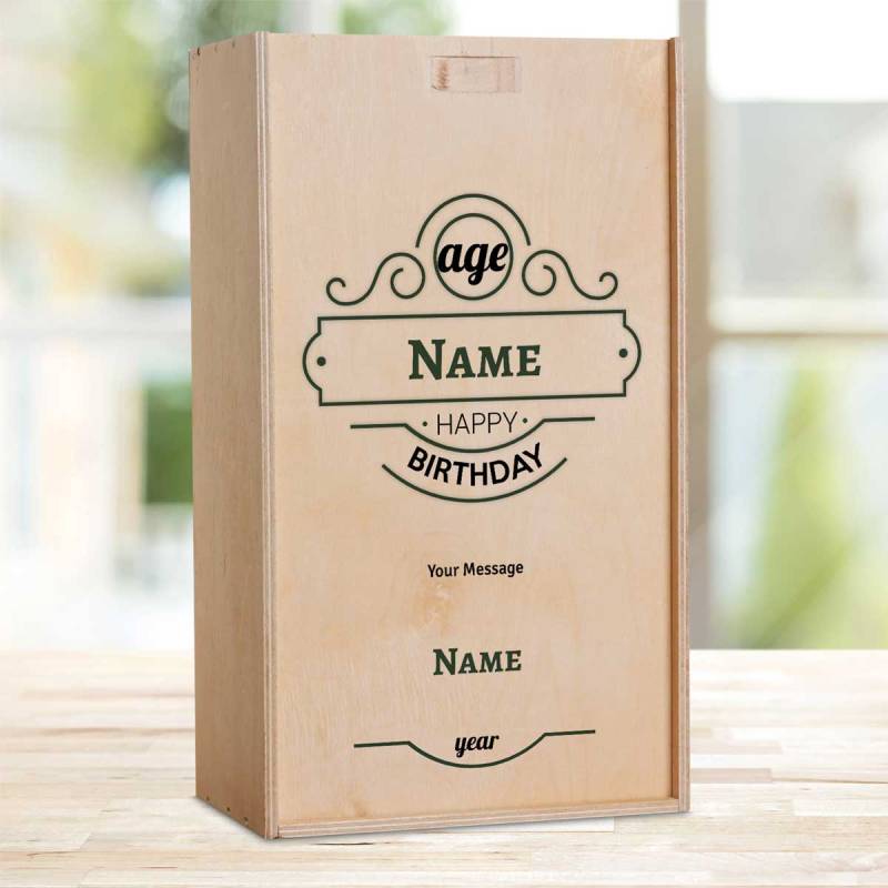 Name And Initials Happy Birthday Green Personalised Wooden Double Wine Box