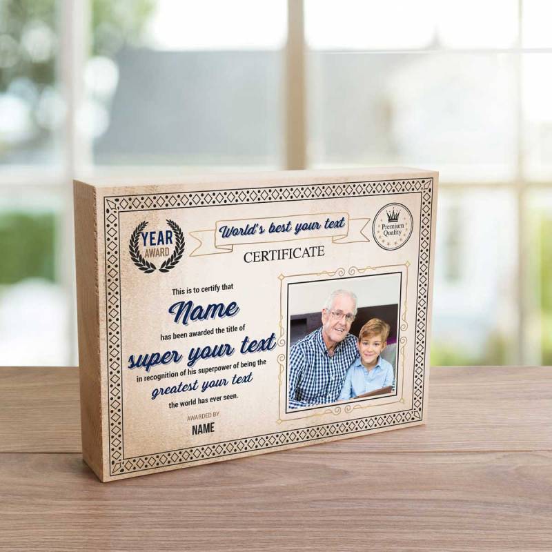 Any Photo Personalised Blue Certificate World's Best - Wooden Photo Blocks