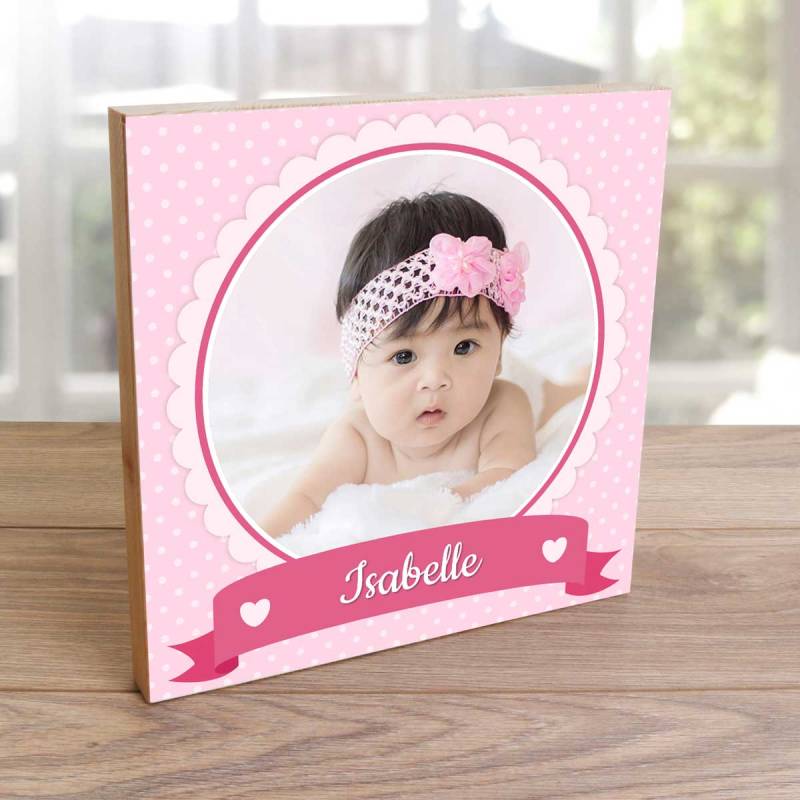 Any Photo Any Name Cute Pink Frame - Wooden Photo Blocks