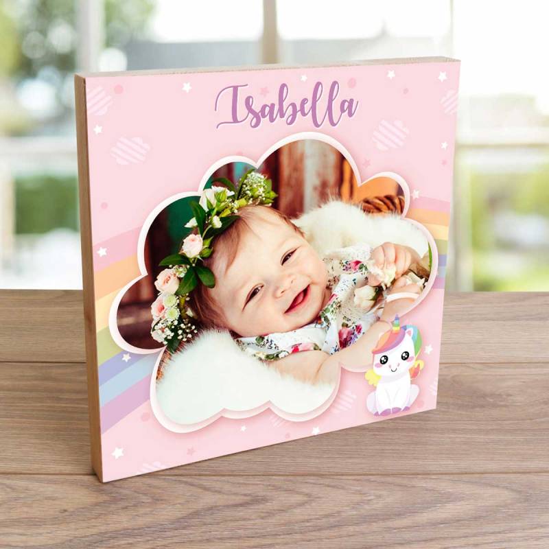 Any Photo Any Name Pink Unicorn - Wooden Photo Blocks