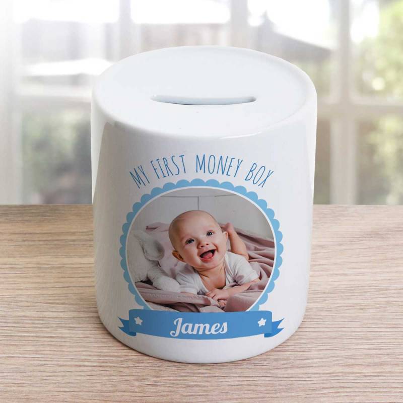 My First Money Box Blue Personalised Money Jar