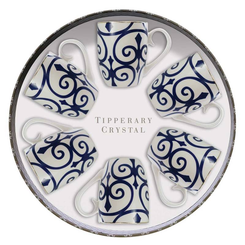 Fleur De Lis Set of 6 Bone China Mugs in Hatbox