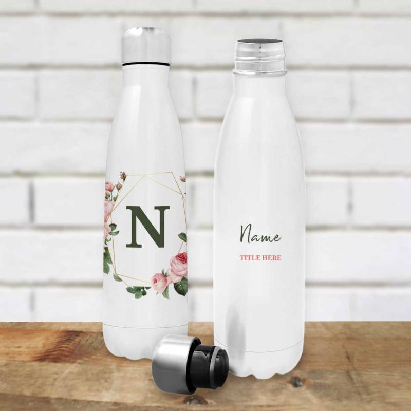 Any Name And Initials Pink Floral - Personalised Stainless Steel Bottle