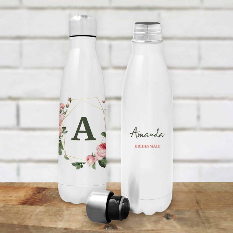 Any Name And Initials Pink Floral - Personalised Stainless Steel Bottle