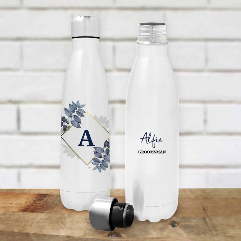 Any Name And Initials Blue Floral - Personalised Stainless Steel Bottle