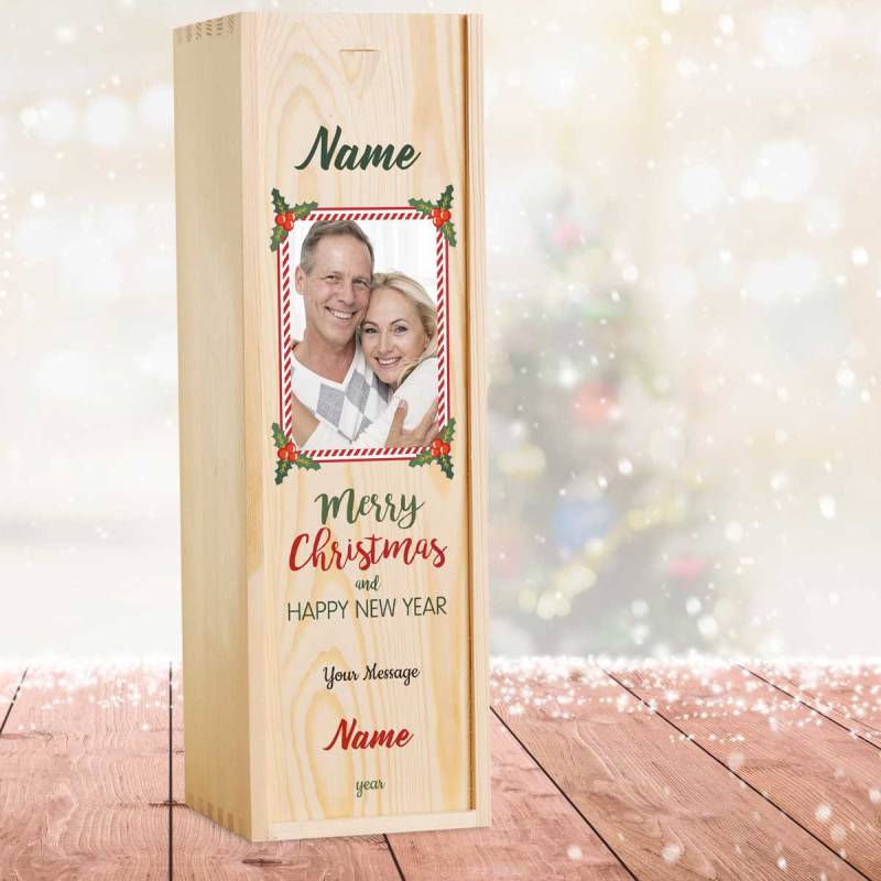 Any Photo Any Name Christmas Berries Personalised Wooden Single Wine Box