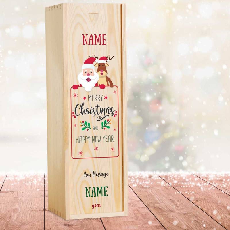 Santa And Rudolph Christmas Personalised Wooden Single Wine Box