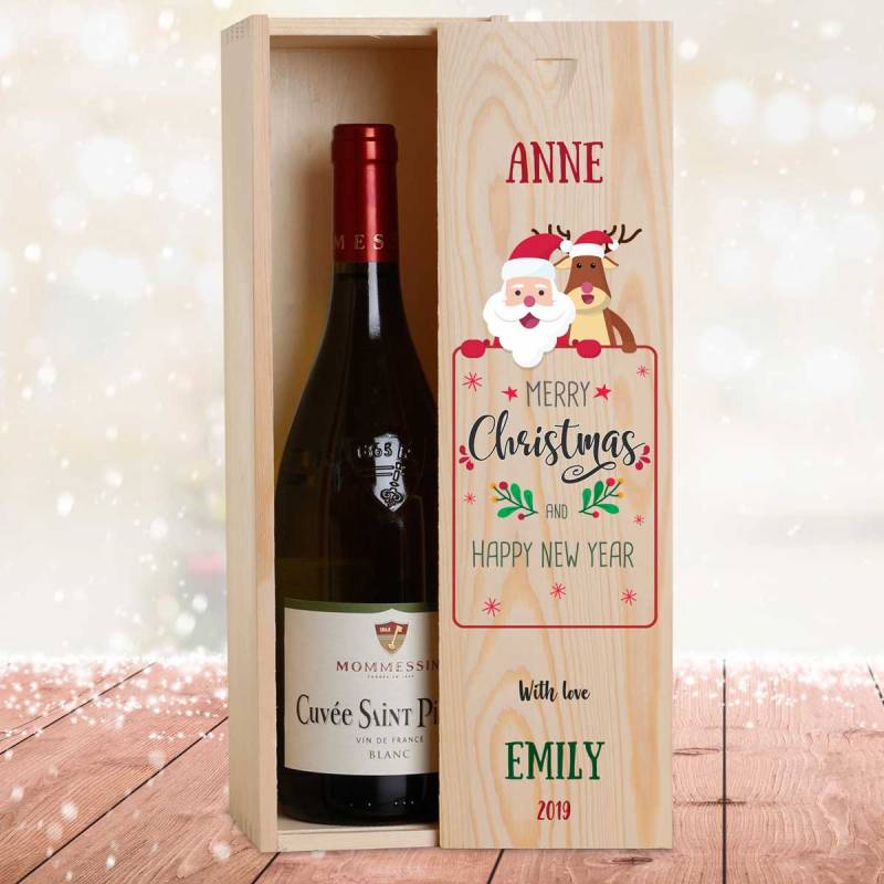 Santa And Rudolph Christmas Personalised Wooden Single Wine Box