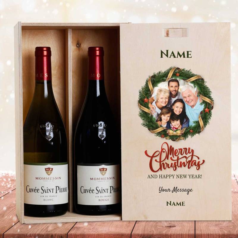 Any Photo Christmas Wreath Personalised Wooden Double Wine Box