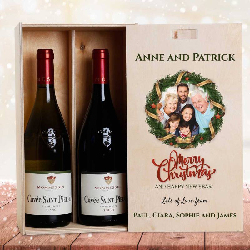 Any Photo Christmas Wreath Personalised Wooden Double Wine Box