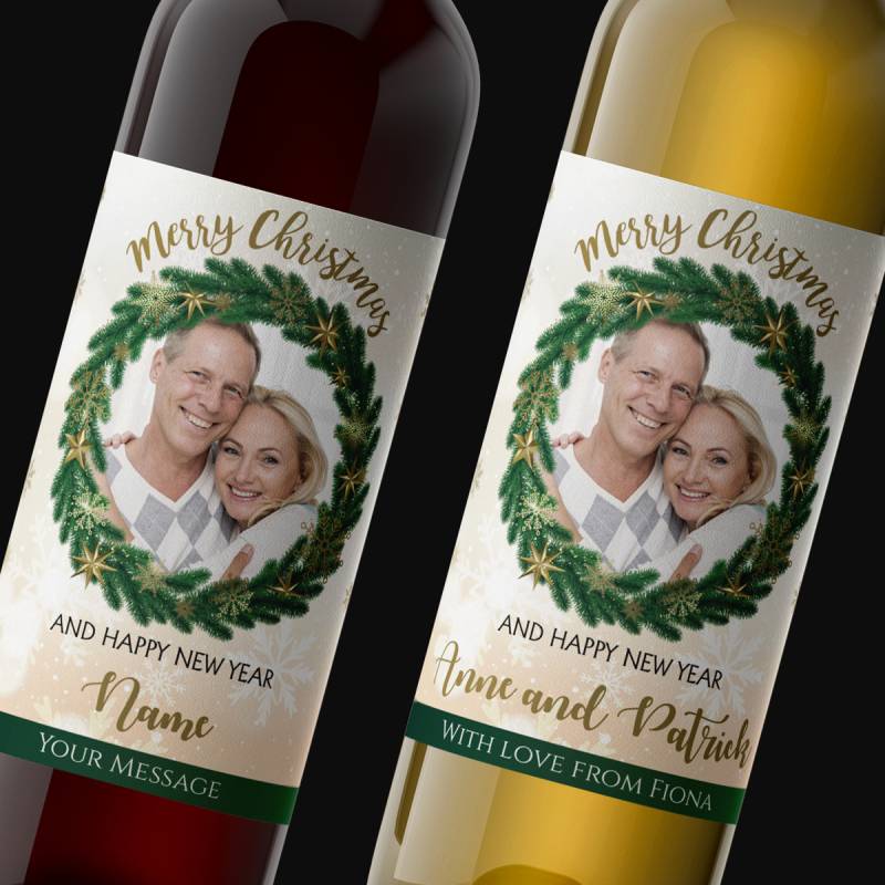 Any Photo Merry Christmas Wreath Personalised Wine