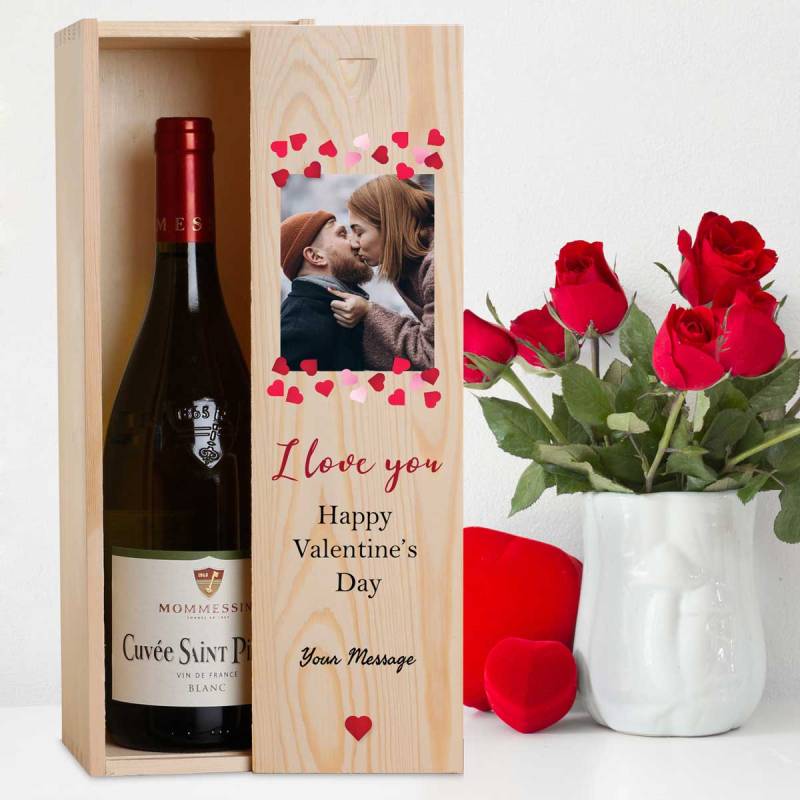 Any Photo Happy Valentine's Day Personalised Wooden Single Wine Box