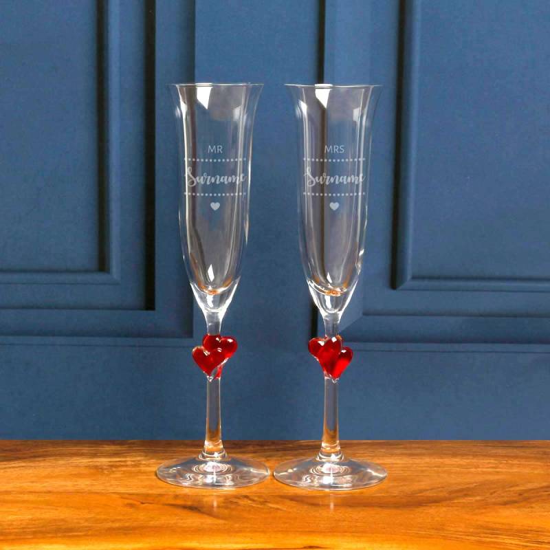 Mr And Mrs - Pair Of Personalised Red Hearts Champagne Flute