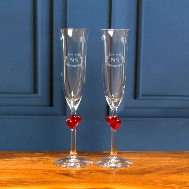 Monogram - Pair Of Personalised Red Hearts Champagne Flute