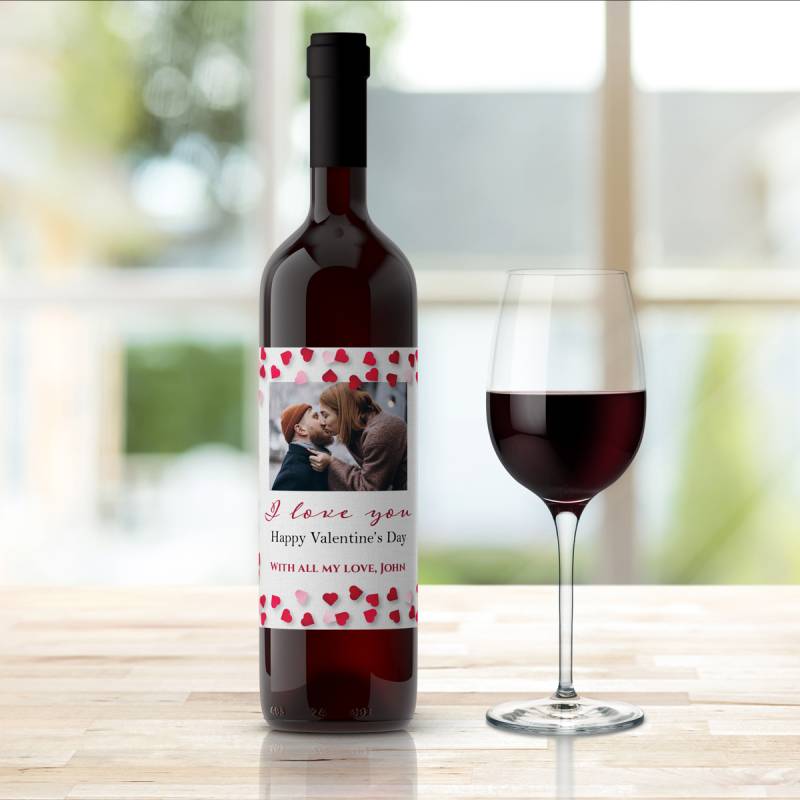 Any Photo And Message I Love You Hearts Personalised Wine