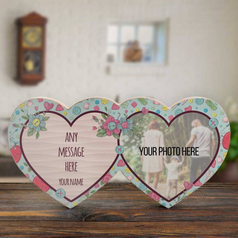 Any Message And Photo Buttons - Wooden Hearts Photo Block