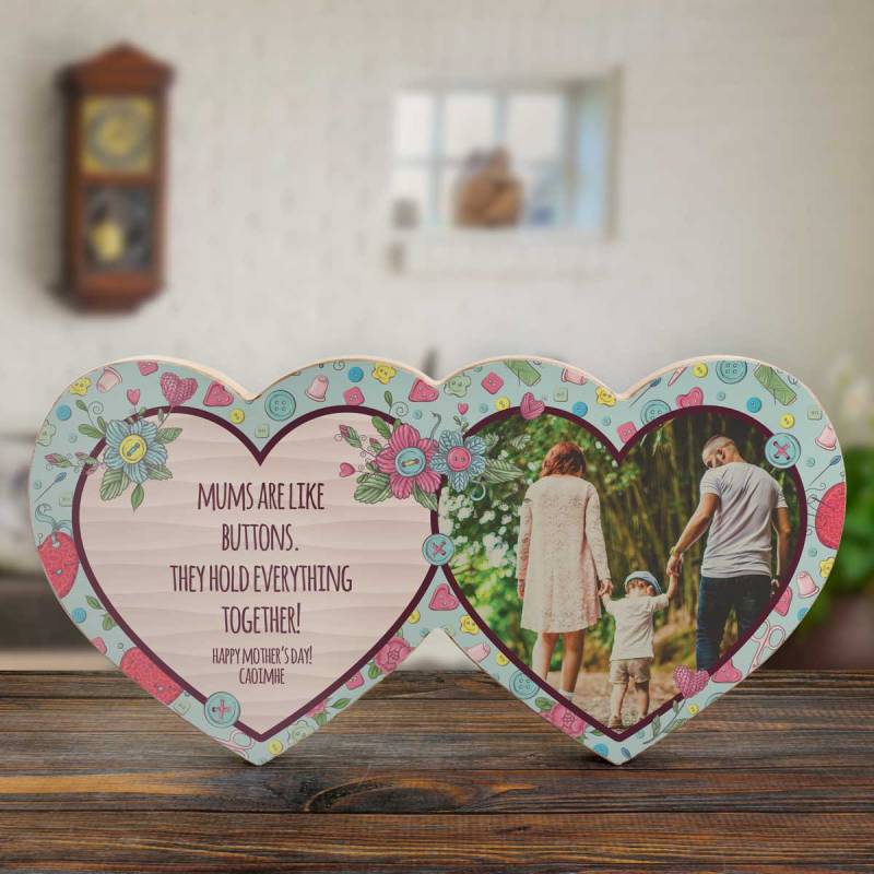 Any Message And Photo Buttons - Wooden Hearts Photo Block