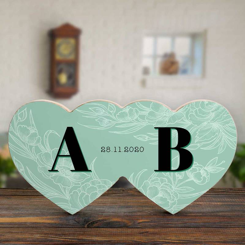 Initials Floral - Wooden Hearts Photo Block