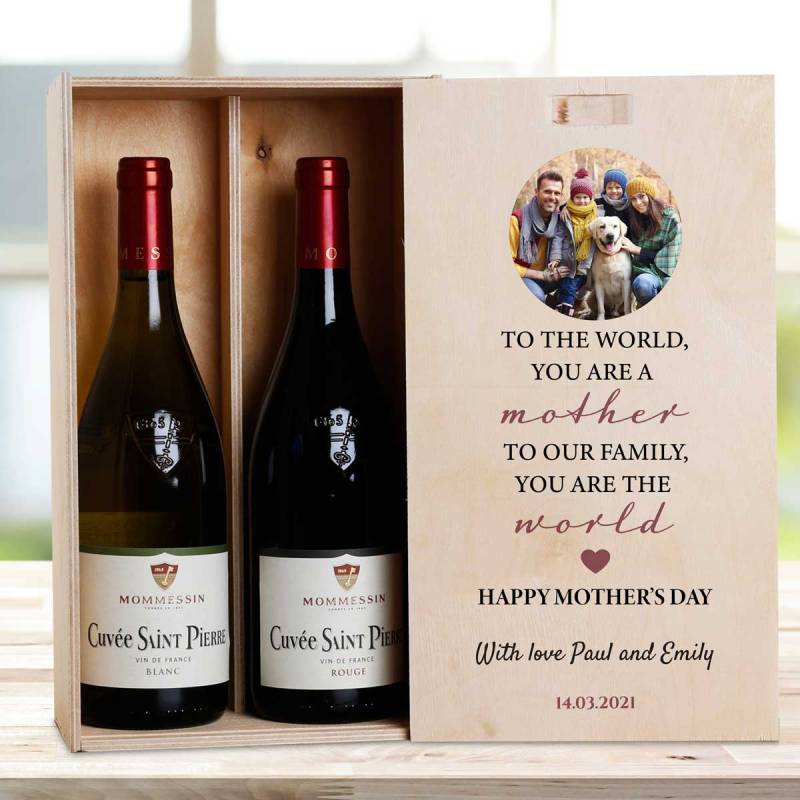 To The World, You Are A Mother, To Our Family, You Are The World - Personalised Wooden Double Wine Box