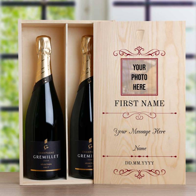 Any Message And Photo - Personalised Double Wooden Champagne Box