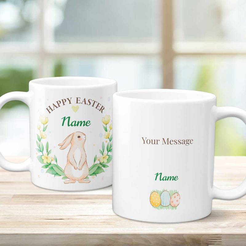 Happy Easter Bunny And Yellow Flowers - Personalised Mug