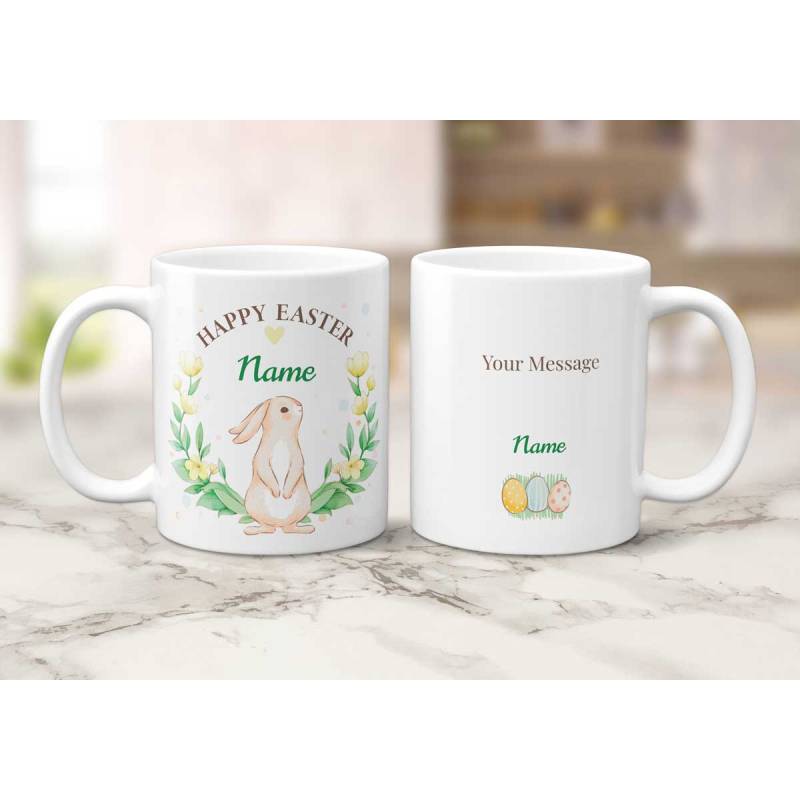 Happy Easter Bunny And Yellow Flowers - Personalised Mug