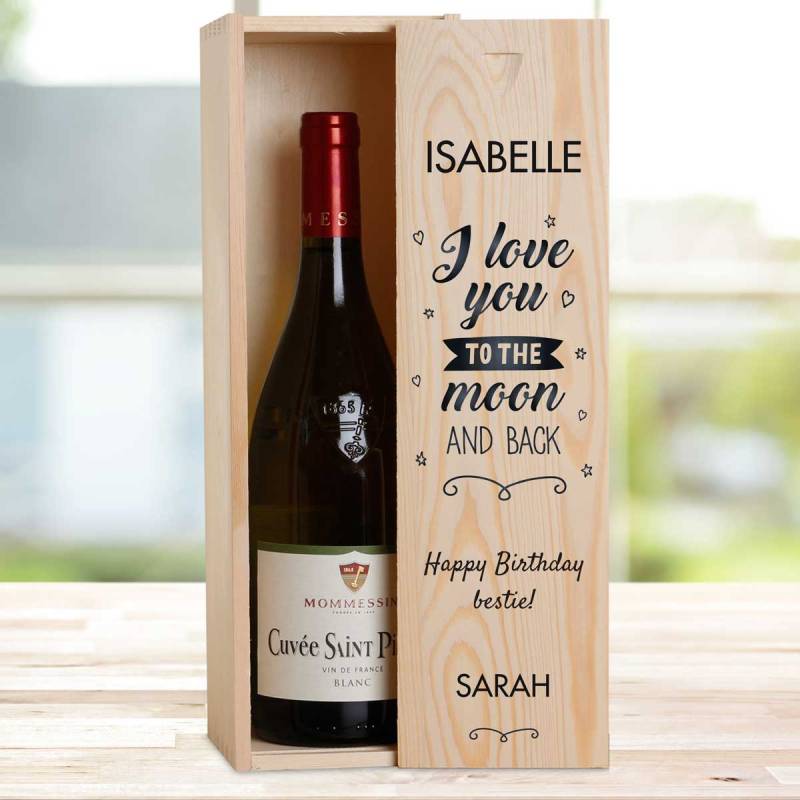 I Love You To The Moon And Back Any Name And Message - Personalised Wooden Single Wine Box