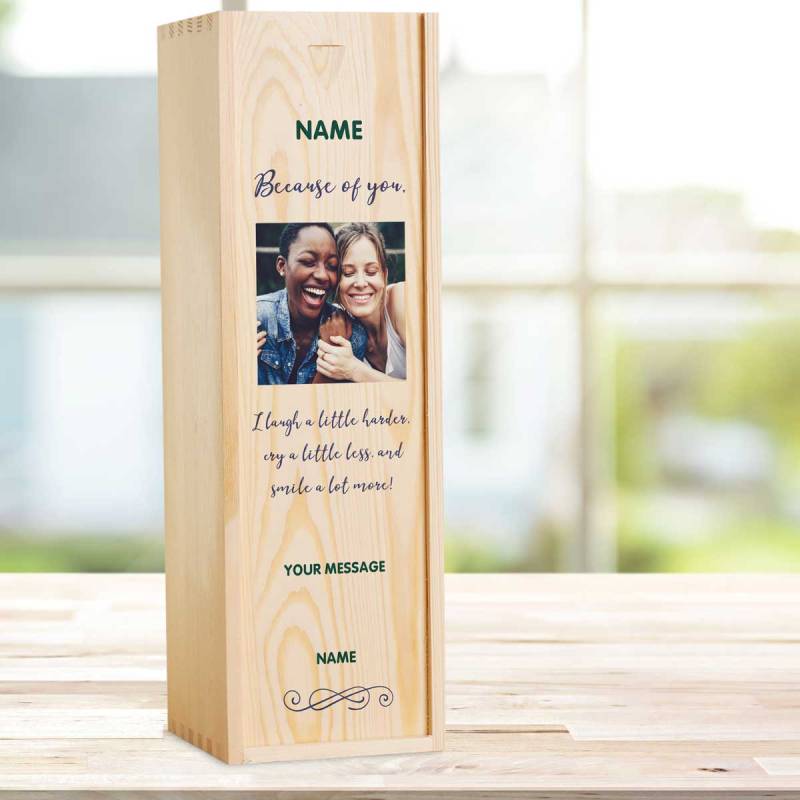 Because Of You Any Photo And Message - Personalised Wooden Single Wine Box