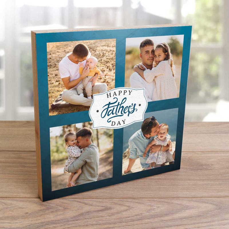 Any 4 Photos Happy Father's Day Blue - Anniversary Wooden Photo Blocks